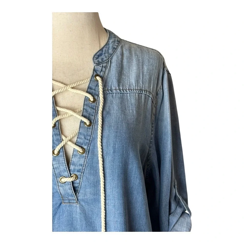 Karlie‎ Shirt Women Large Blue Chambray Tencel Lace Up Roll Tab Sleeve Tunic Top